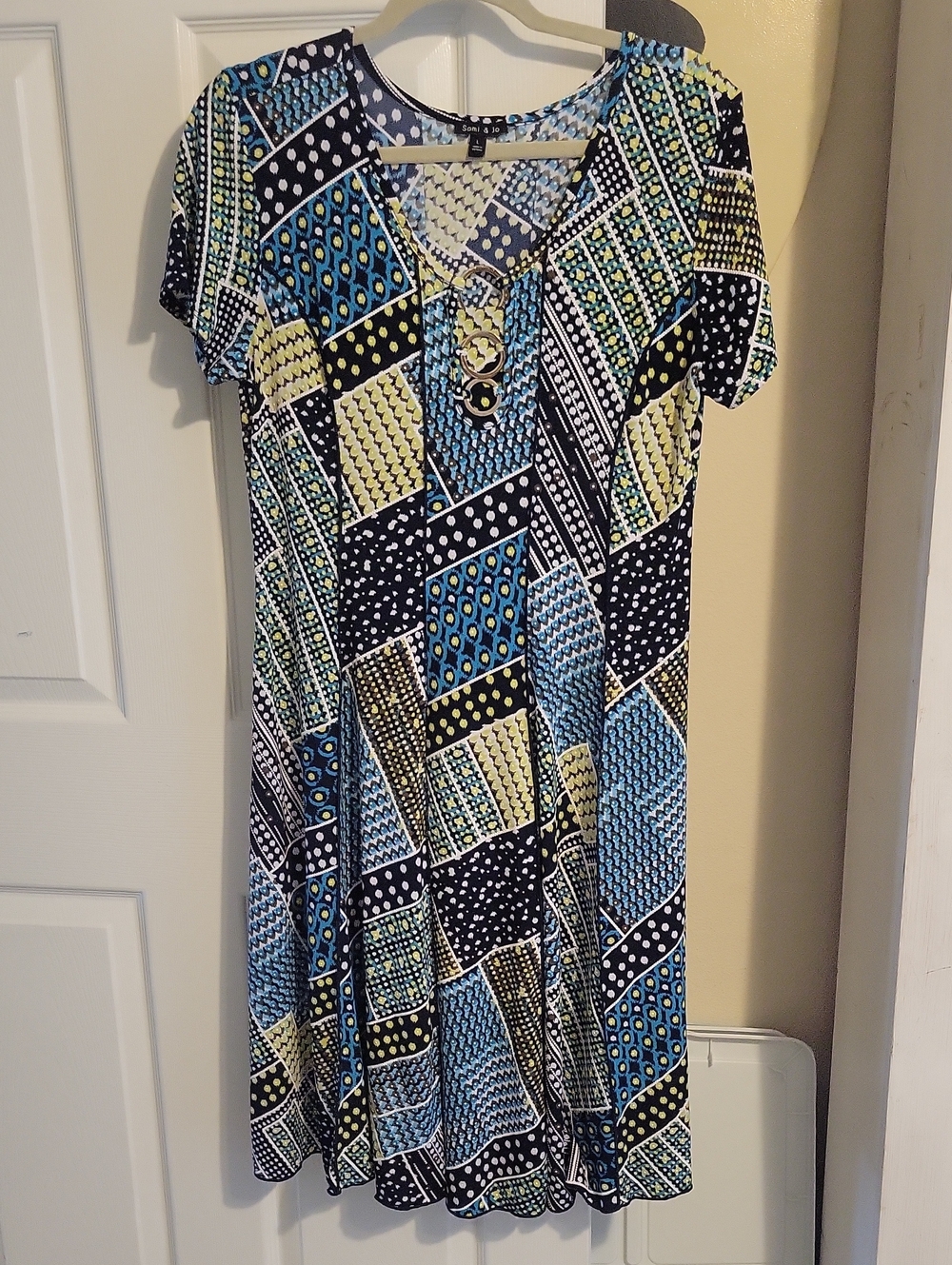 Sami & Jo SzLg Blue Patchwork Print Short Sleeve Tunic Ribbed Dress